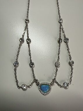 Sterling Silver Blue Opal Heart Necklace with CZ Accents